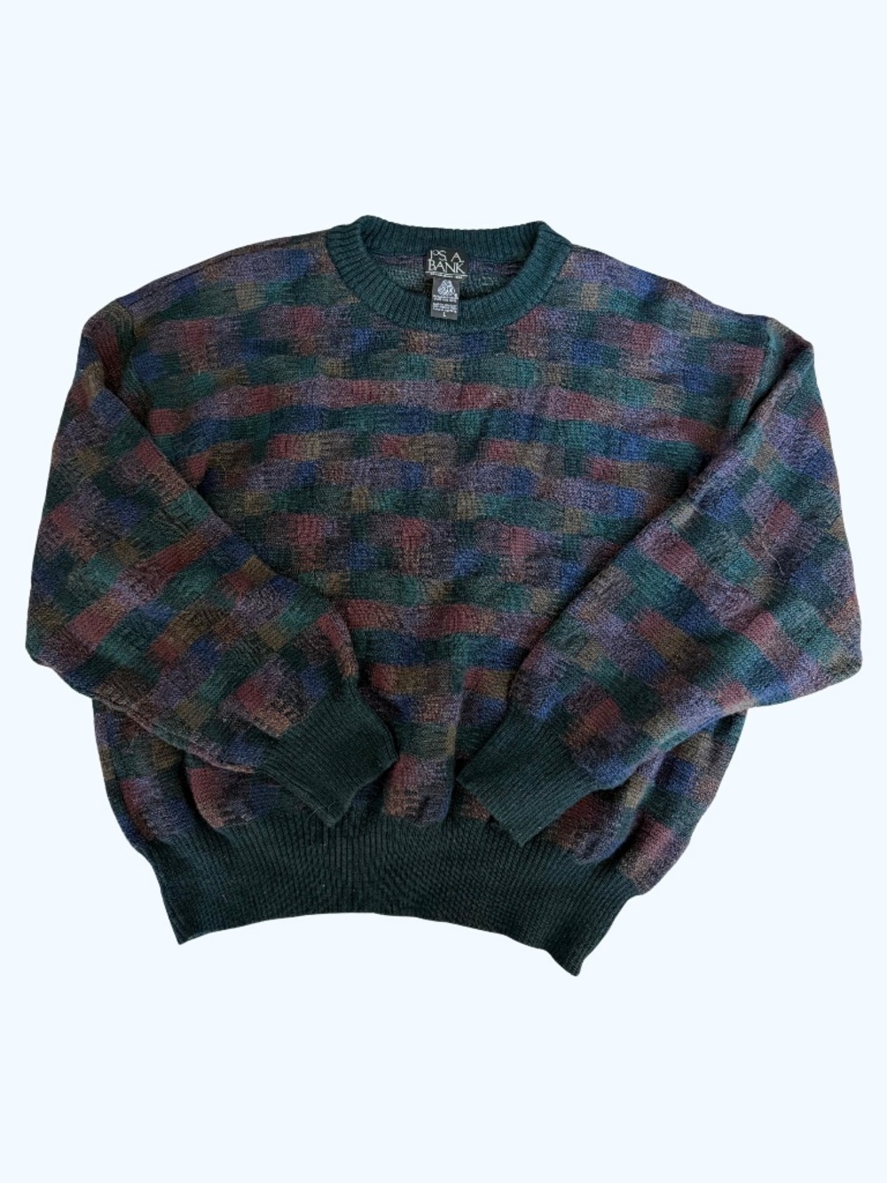 Vintage Jos A Bank 100% Pure New Merino Wool Multicolor Knit Sweater Sz Large